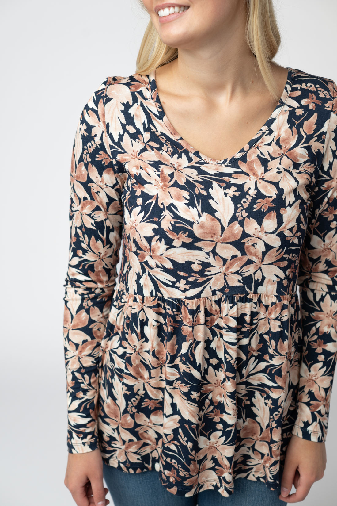 IN STOCK Long Sleeve Sarah Ruffle Top - Navy Autumn Petals