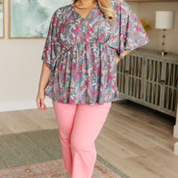 Dreamer Peplum Top in Grey and Pink Floral