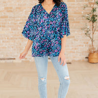 Dreamer Peplum Top in Navy and Lavender Animal Print