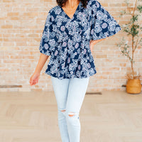 Dreamer Peplum Top in Navy and Pink Paisley