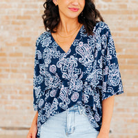 Dreamer Peplum Top in Navy and Pink Paisley