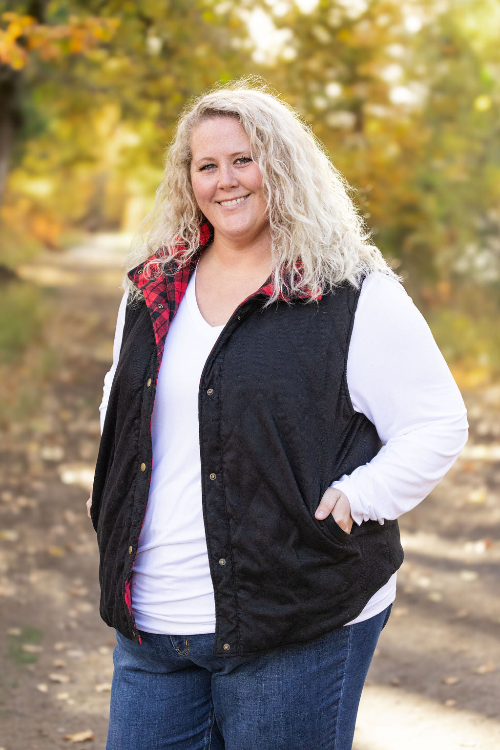 IN STOCK Reversible Vest - Corded Black and Plaid