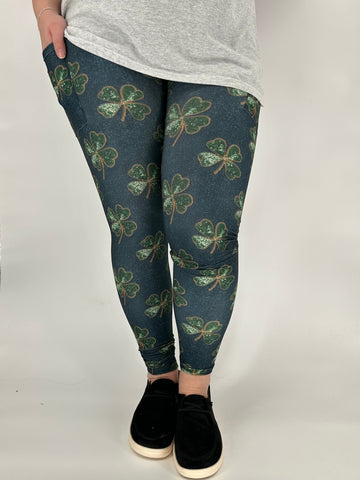 Faux Glitter Clover Denim Leggings w/ Side Pockets