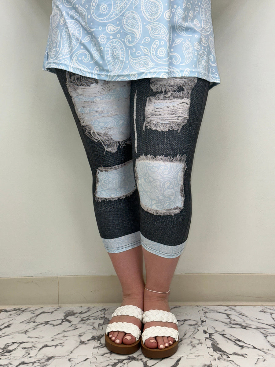 Light Blue Paisley Denim Capri w/ Back Pockets