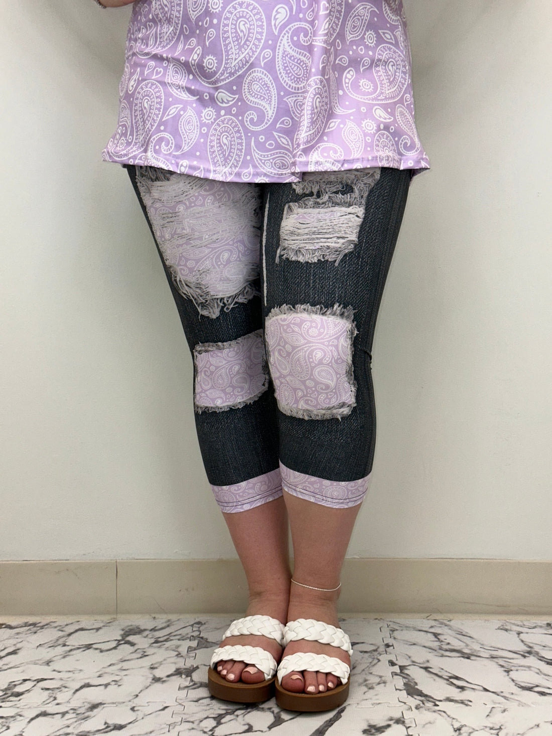 Purple Paisley Denim Capri w/ Back Pockets