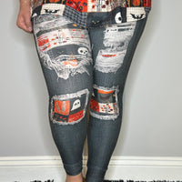 Black Denim Spooky Patch Leggings w/ Back Pockets