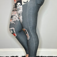 Black Denim Spooky Patch Leggings w/ Back Pockets