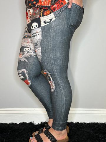 Black Denim Spooky Patch Leggings w/ Back Pockets