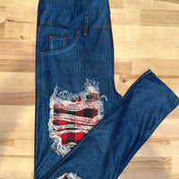 Blue Denim Red Plaid Leggings w/ Back Pockets