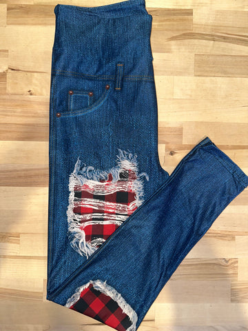 Blue Denim Red Plaid Leggings w/ Back Pockets