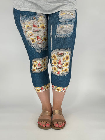 Denim Sunflower Gnome Capri w/ Pockets