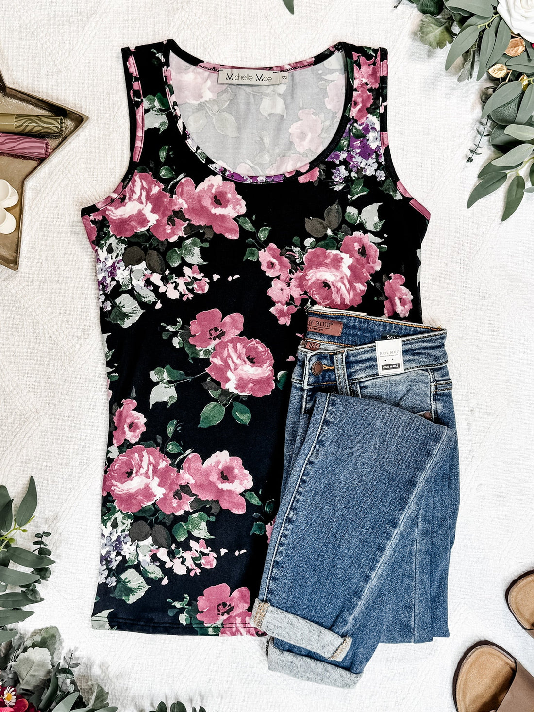 IN STOCK  Luxe Crew Tank - Black and Mauve Floral | Women&