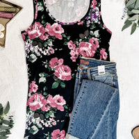 IN STOCK  Luxe Crew Tank - Black and Mauve Floral | Women's Tank Top