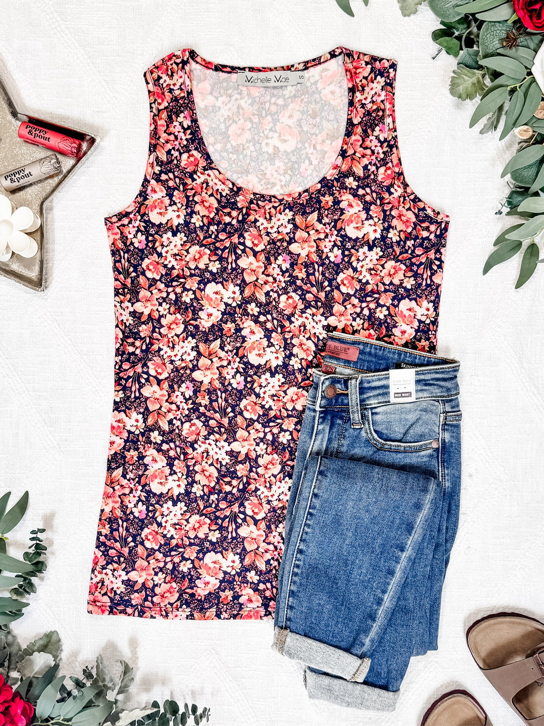 IN STOCK Luxe Crew Tank - Navy Floral Mix | Women&