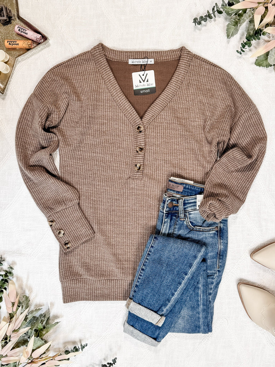 IN STOCK Brittney Button Sweater - Mocha FINAL SALE