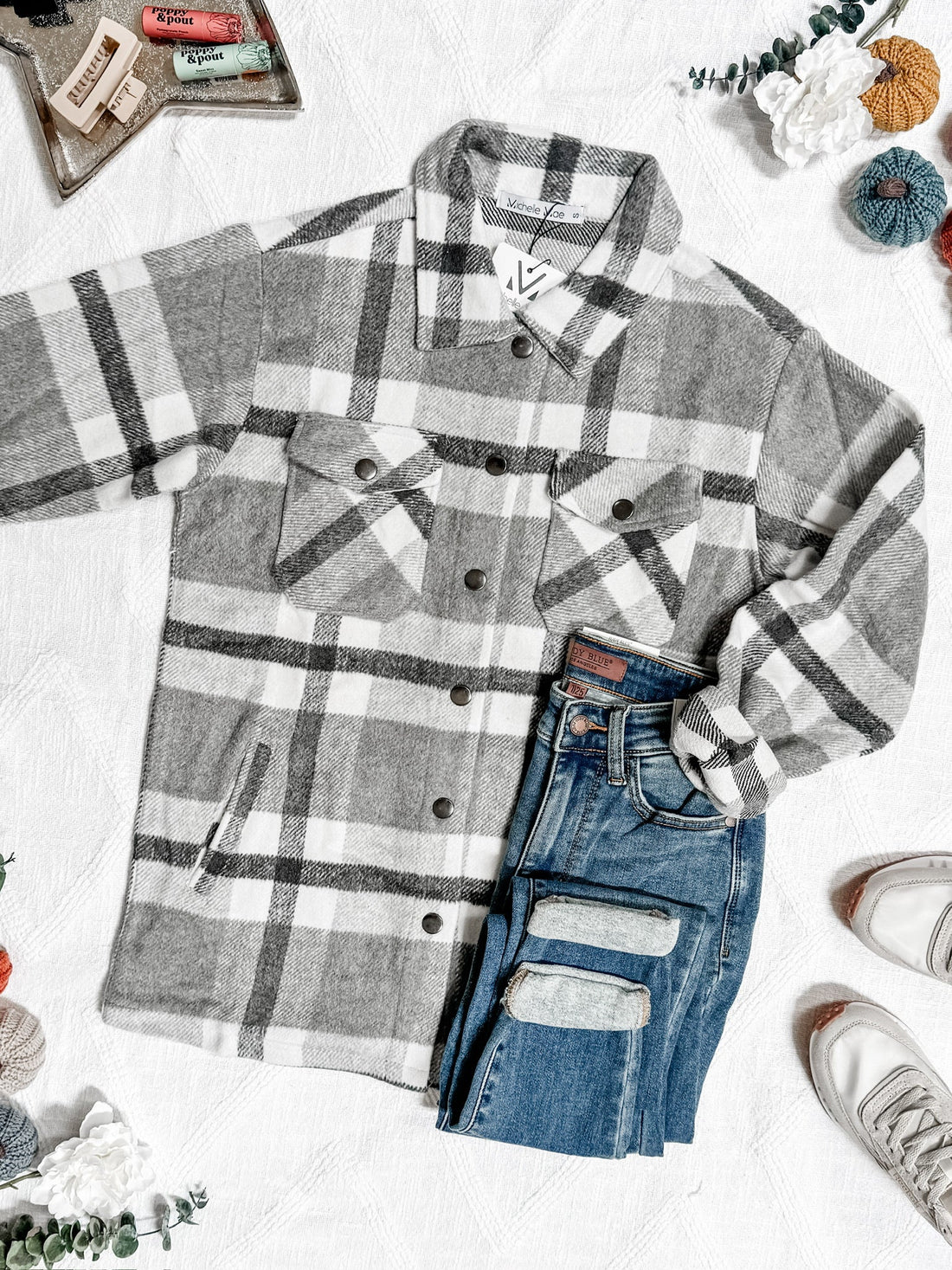 IN STOCK Norah Plaid Shacket - Classic Grey and White | Women&