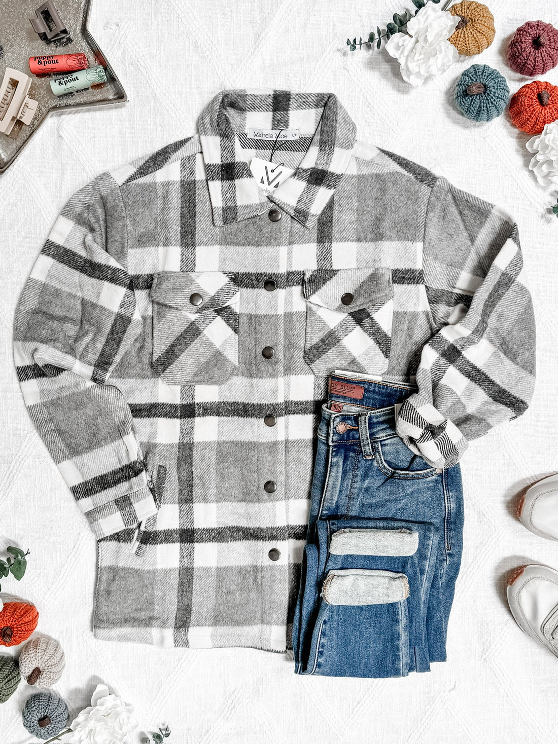 IN STOCK Norah Plaid Shacket - Classic Grey and White | Women&