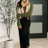 Keep Me Cozy Checkered Fringe Scarf in Pine and Petals