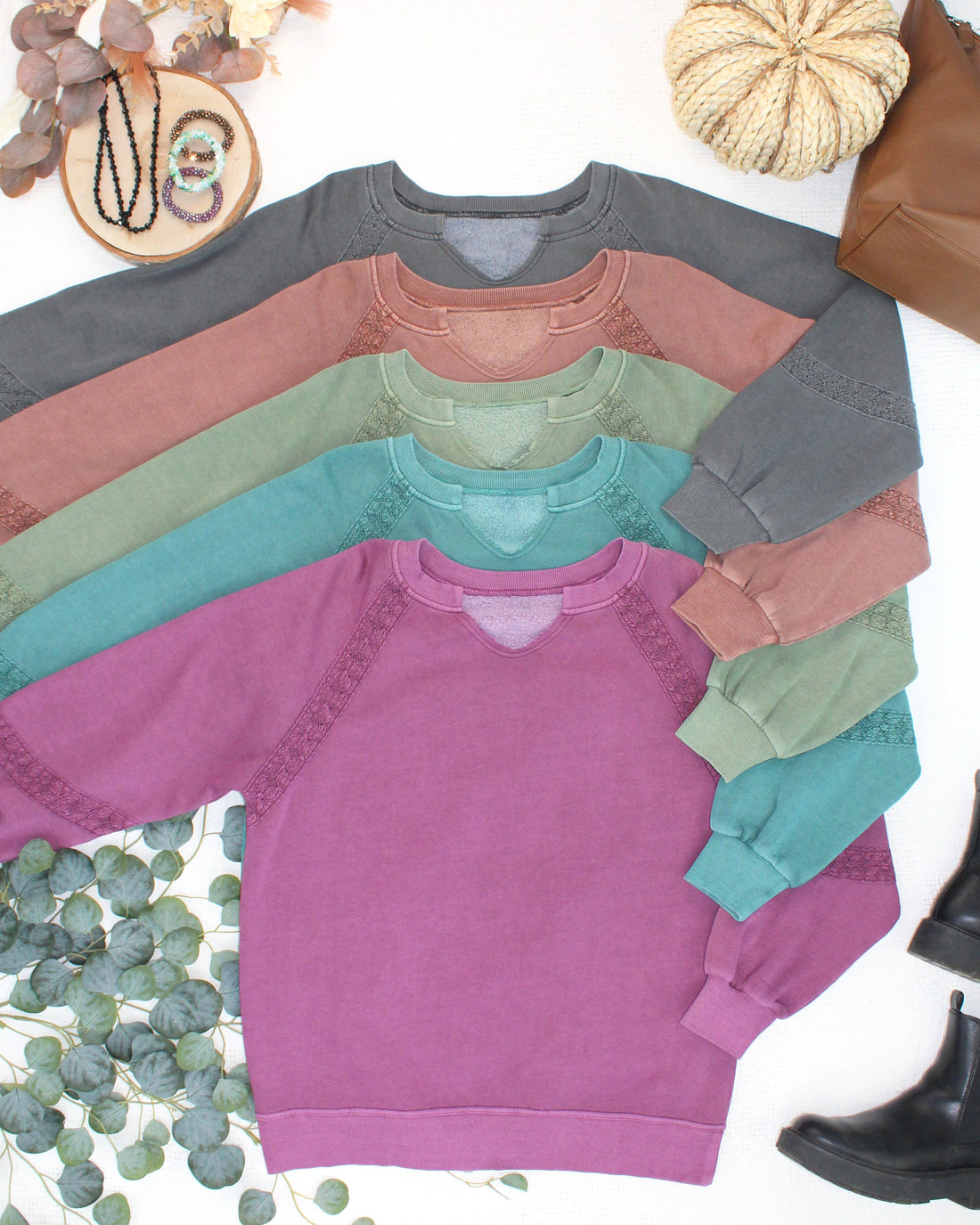 IN STOCK Lace Accent Vintage Wash Pullover - Purple