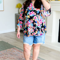 Lizzy Bell Sleeve Top Black and Teal Tropical Floral