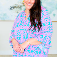 Lizzy Bell Sleeve Top in Mint and Pink Damask