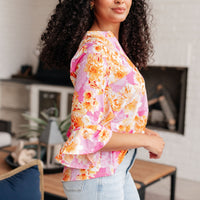 Lizzy Bell Sleeve Top in Pink and Gold Floral