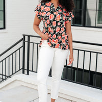 Lizzy Cap Sleeve Top in Black and Coral Floral