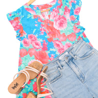 Lizzy Flutter Sleeve Top in Blue and Pink Roses