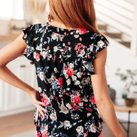 Lizzy Flutter Sleeve Top in Black and Muted Pink Floral