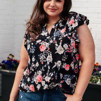 Lizzy Flutter Sleeve Top in Black and Muted Pink Floral