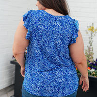 Lizzy Flutter Sleeve Top in Royal Blue and White Floral