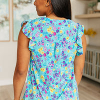 Lizzy Flutter Sleeve Top in Teal and Purple Floral