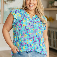 Lizzy Flutter Sleeve Top in Teal and Purple Floral