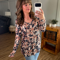 IN STOCK Long Sleeve Sarah Ruffle Top - Navy Autumn Petals
