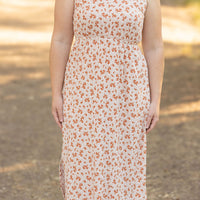 ribbed midi dress sand and rust floral womans dress