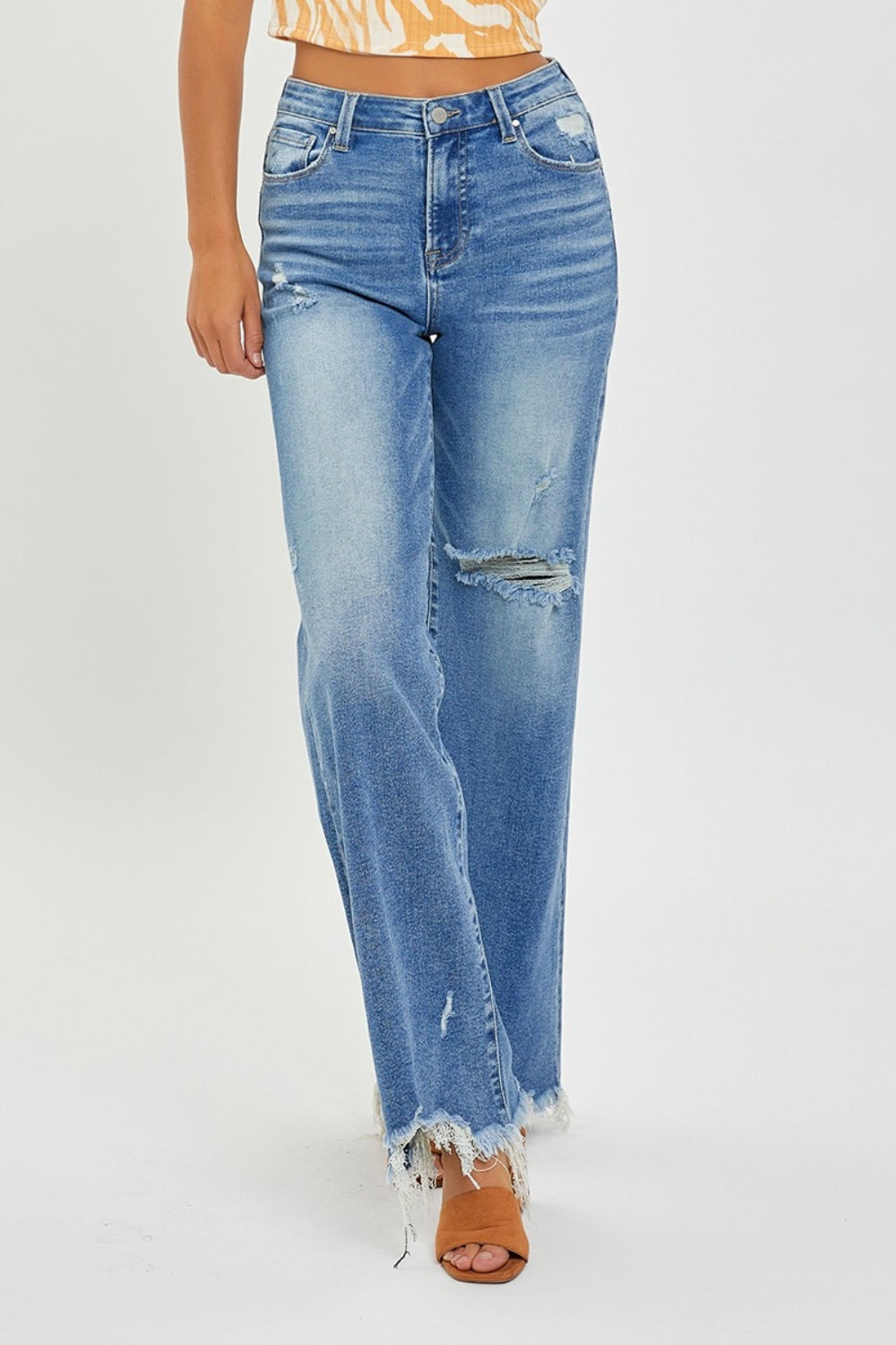 Rise Full Size High Rise Frayed Hem Wide Leg Jeans