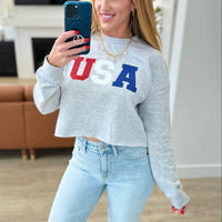 PREORDER: Cropped Length Embroidered Glitter USA Sweatshirt