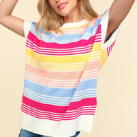 Haptics Striped Side Slit Short Sleeve Knit Top