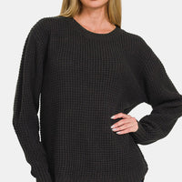 Zenana High Low Long Sleeve Waffle Sweater