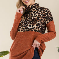 Celeste Full Size Curved Hem Leopard Turtleneck Long Sleeve Blouse