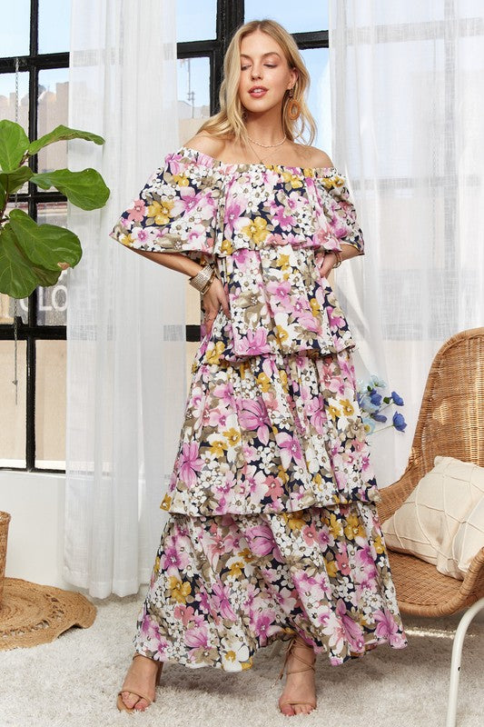 ADORA Layered Floral Off-Shoulder Short Sleeve Maxi Dress