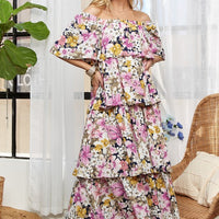 ADORA Layered Floral Off-Shoulder Short Sleeve Maxi Dress