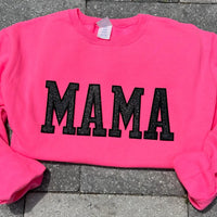MAMA GLITTER EMBROIDERED PATCHES NEON PINK SWEATSHIRT