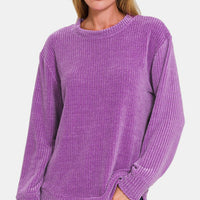 Zenana Chenille Waffle Round Neck Sweater