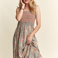 ADORA Smocked Printed Square Neck Tie Shoulder Cami Dress