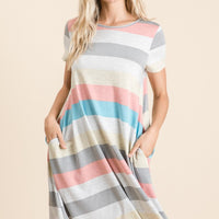 BOMBOM Striped Short Sleeve Dress with Pockets