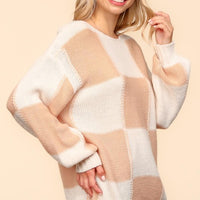 Haptics Full Size Checkered Round Neck Drop Shoulder Sweater