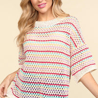 Haptics Striped Crochet Drop Shoulder Knit Top