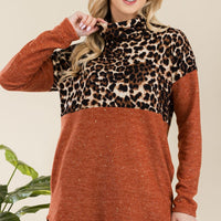 Celeste Full Size Curved Hem Leopard Turtleneck Long Sleeve Blouse