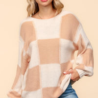 Haptics Full Size Checkered Round Neck Drop Shoulder Sweater